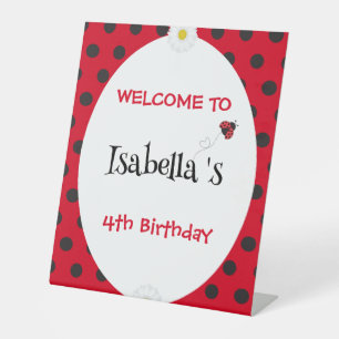 Cute Polka dot Ladybug Daisy Flower Birthday Party Pedestal Sign