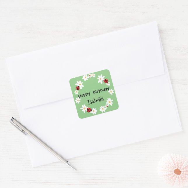 Cute Polka dot Ladybug Daisy Flower Birthday Party Square Sticker (Envelope)
