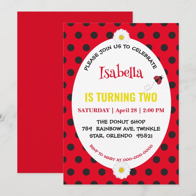 Cute Polka dot Ladybug Daisy Kids Birthday Partry Invitation (Front/Back)