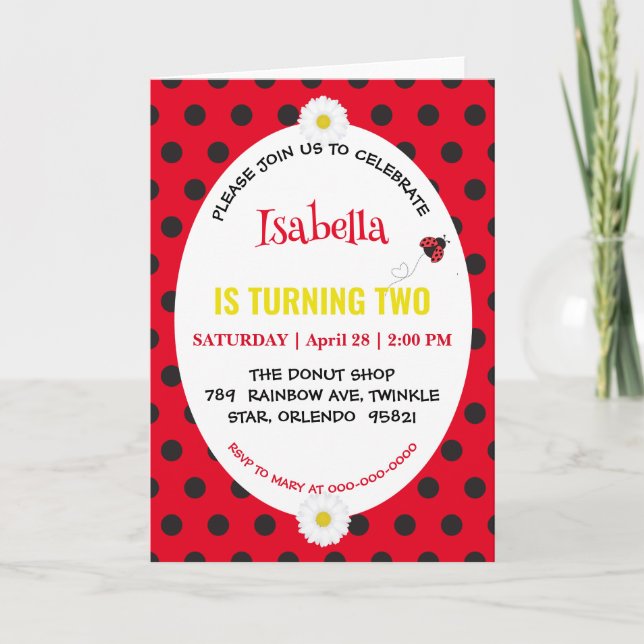 Cute Polka dot Ladybug Daisy Kids Birthday Partry Invitation (Front)