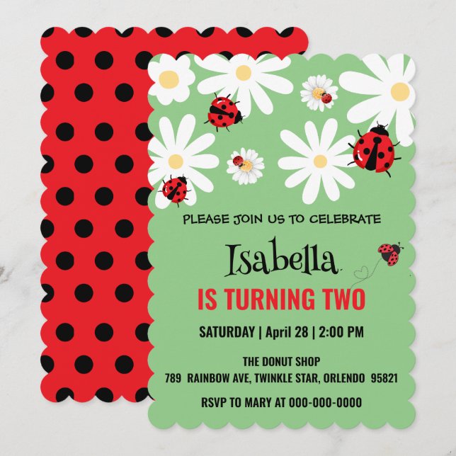 Cute Polka dot Ladybug Daisy Kids Birthday Partry Invitation (Front/Back)