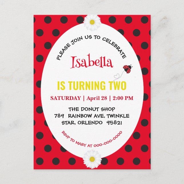 Cute Polka dot Ladybug Daisy Kids Birthday Partry Postcard (Front)