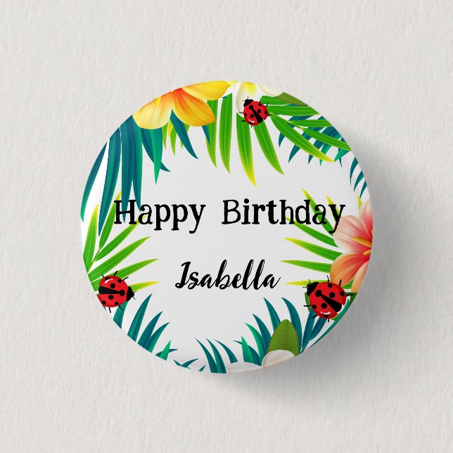 Cute Polka dot Ladybug Summer Flower palm Birthday Button (Front)