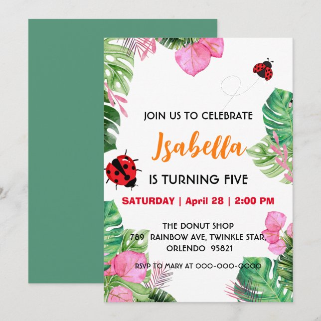 Cute Polka dot Ladybug summer pink Flower Birthday Invitation (Front/Back)