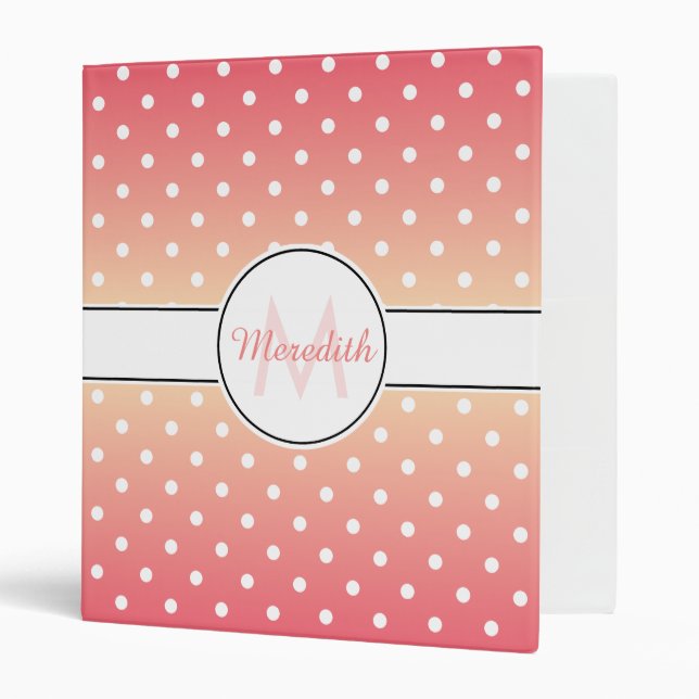 Cute Polka Dot Pattern Pink Ombre Monogram 3 Ring Binder (Front/Inside)