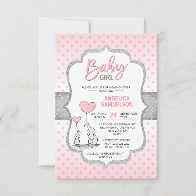 Cute Polka Dot Pink Grey Elephant Baby Shower Girl Invitation Zazzle