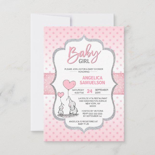 Cute Polka Dot Pink Grey Elephant Baby Shower GIRL Invitation (Front)