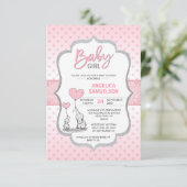 Cute Polka Dot Pink Grey Elephant Baby Shower GIRL Invitation (Standing Front)
