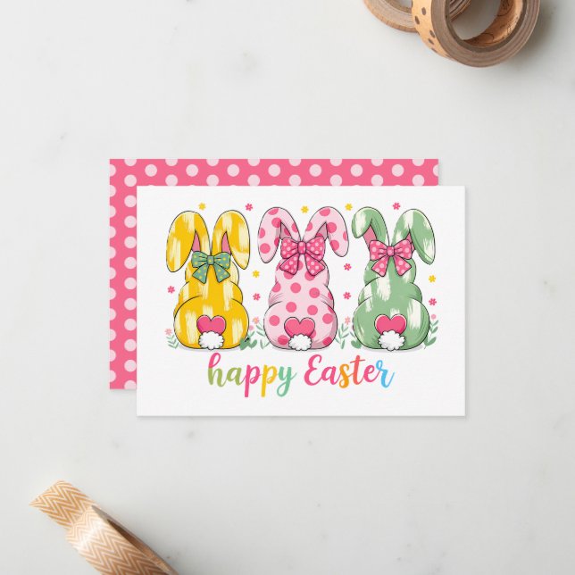 Cute Polka Dot Rabbits Easter Personalized  Note Card (Front/Back In Situ)