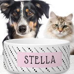 Cute polka dot stripes black white pink name<br><div class="desc">Pet bowl featuring a black and white pattern of polka dot stripes and the pet's name on a pink,  square color block.</div>