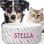 Cute polka dot stripes black white pink name bowl<br><div class="desc">Pet bowl featuring a black and white pattern of polka dot stripes and the pet's name on a pink,  square color block.</div>