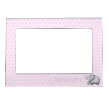 Cute Polka Dots Baby Name Pink Elephant Nursery Magnetic Frame by EleSil at Zazzle