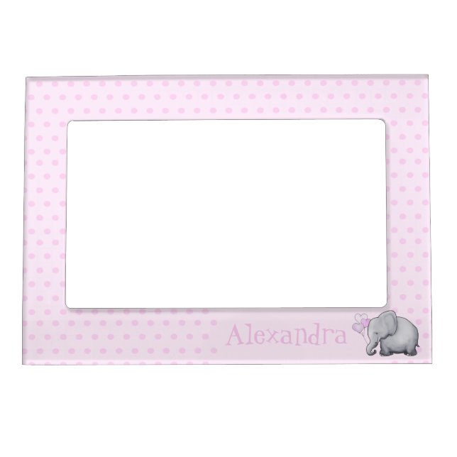 Cute Polka Dots Baby Name Pink Elephant Nursery Magnetic Frame (Front)