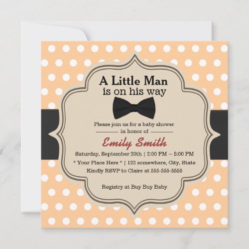 Cute Polka Dots Bow Tie Little Man Baby Shower 5.25x5.25 Square Paper Invitation Card