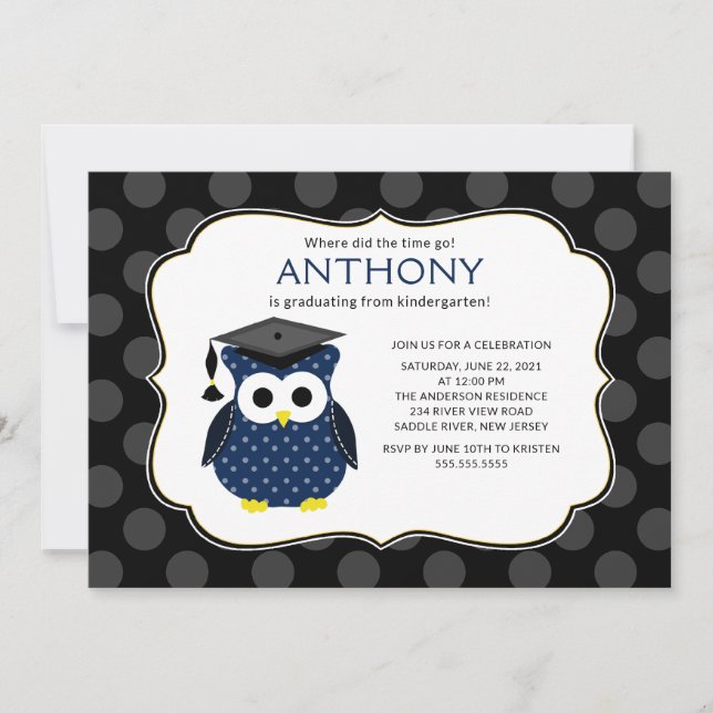 Cute Polka dots Grad Owl Boy Graduation Invitation (Front)