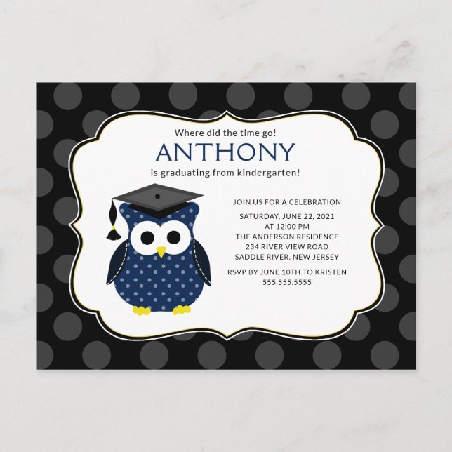 Cute Polka dots Grad Owl Boy Graduation Invitation Postcard (Front)