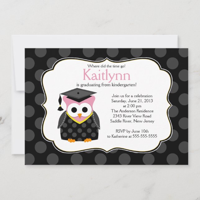 Cute Polka dots Grad Owl Girl Graduation Invitation (Front)