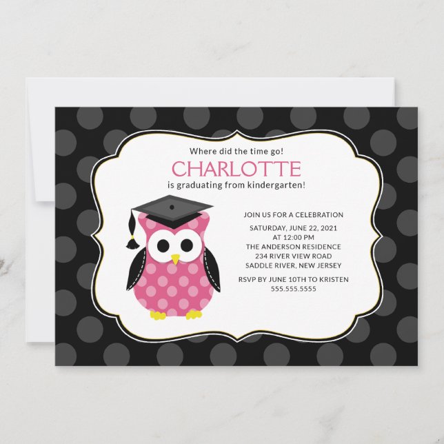 Cute Polka Dots Grad Owl Girl Graduation Invitation (Front)