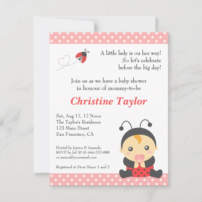 Cute Polka Dots Ladybug Girl Baby Shower Invitation (Front)