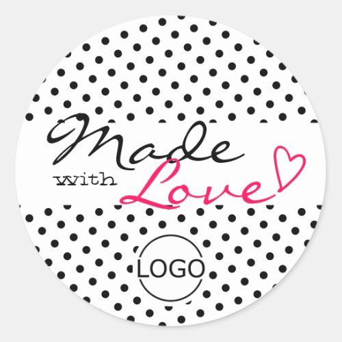 Cute Polka Dots Made with Love Heart Black White  Classic Round Sticker