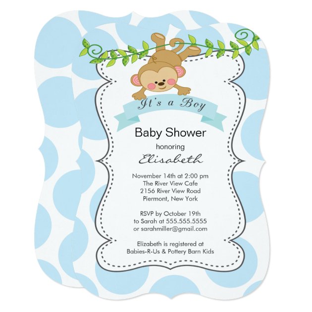 Cute Polka Dots & Monkey Boy Baby Shower Invitation