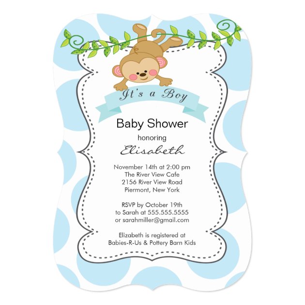 Cute Polka Dots & Monkey Boy Baby Shower Invitation