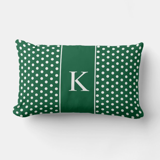 Cute Polka Dots Monogram | Hunter Green Lumbar Pillow (Front)