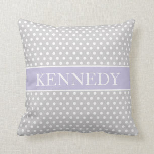 Cute Polka Dots Monogram Light Grey Purple White Throw Pillow