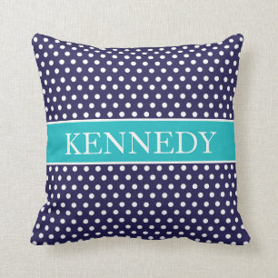Cute Polka Dots Monogram Navy Blue Turquoise Throw Pillow