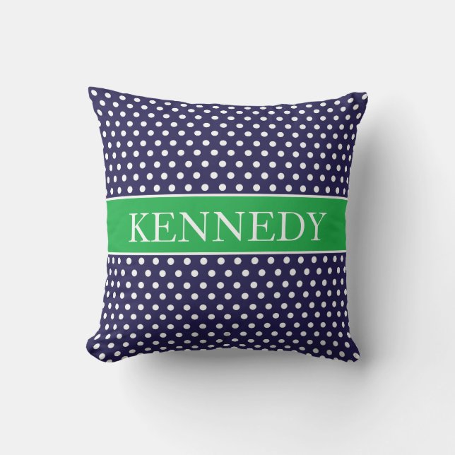 Cute Polka Dots Monogram | Navy Kelly Green White Throw Pillow (Front)