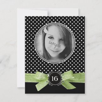 Cute Polka Dots Photo Sweet 16 Lime Green Ribbon Invitation