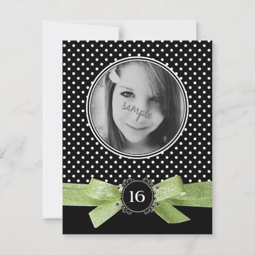 Cute Polka Dots Photo Sweet 16 Lime Green Ribbon Custom Announcement