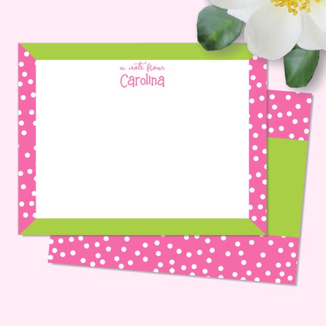 Cute Polka Dots Pink Green Frame Girly Stationery Note Card (Creator Uploaded)