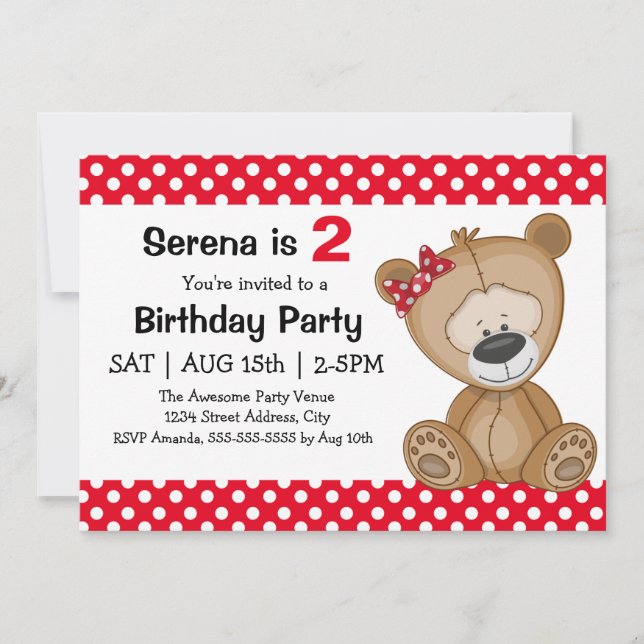 Cute Polka Dots Teddy Bear Girl's Birthday Party Invitation (Front)