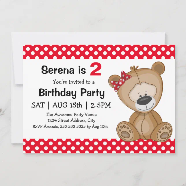 Cute Polka Dots Teddy Bear Girl's Birthday Party Invitation | Zazzle