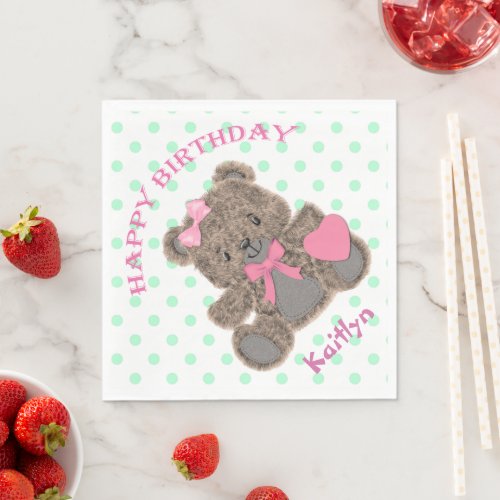 Cute Polkadot Teddy Bear Girl Birthday Napkins