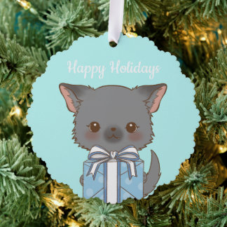 Cute Pomchi with a Present Aqua Happy Holiday Ornament Card