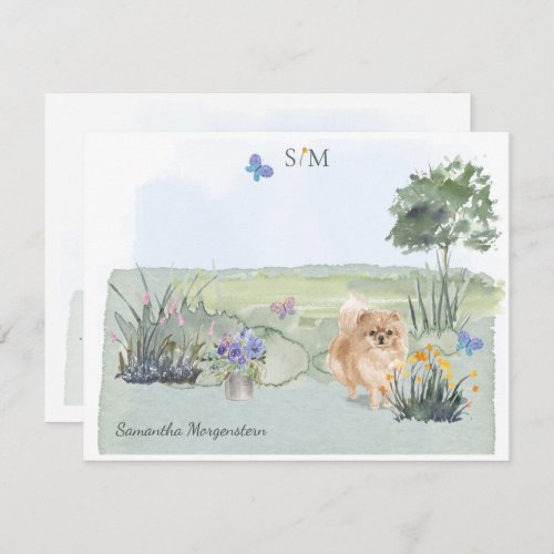 Cute Pomeranian Butterfly  Monogram  Name     Note Card