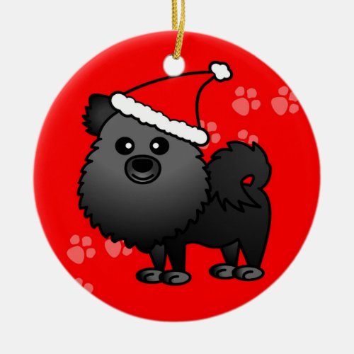 Cute Pomeranian Cartoon Santa Hat _ Black Ceramic Ornament