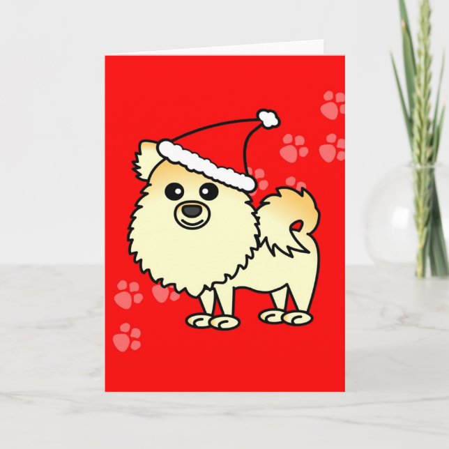Cute Pomeranian Cartoon Santa Hat Holiday Card (Front)