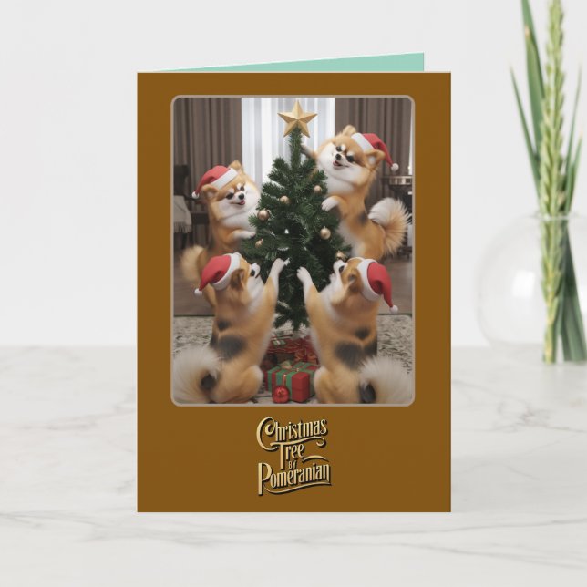 Cute Pomeranian Christmas Tree Card (Front)