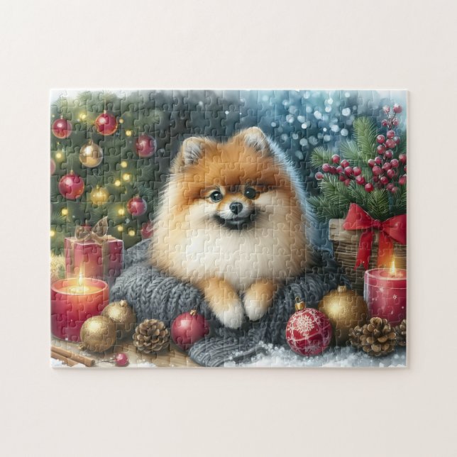 Cute Pomeranian Cozy Watercolor Winter Art Jigsaw Puzzle (Horizontal)