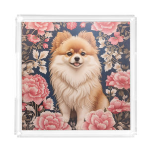 Cute Pomeranian Dog Pink Floral Acrylic Tray