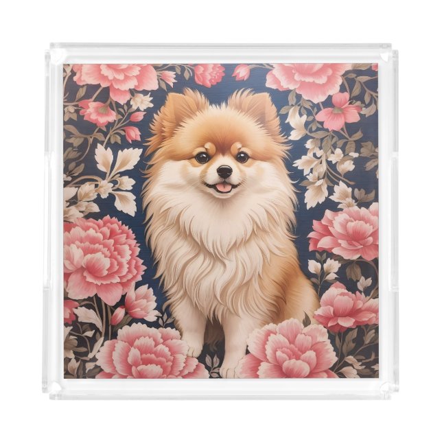 Cute Pomeranian Dog Pink Floral Acrylic Tray (Front)