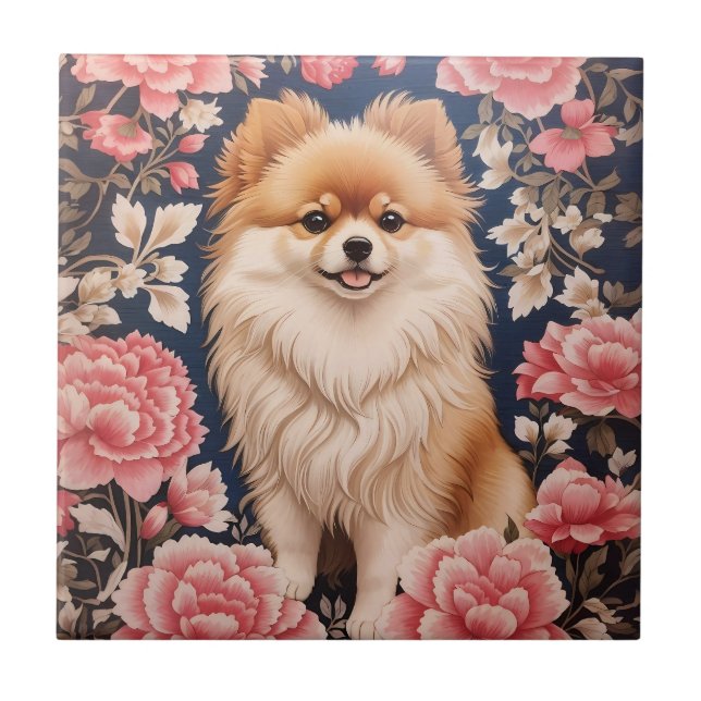 Cute Pomeranian Dog Pink Floral Ceramic Tile (Front)