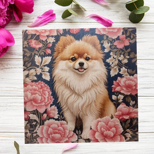 Cute Pomeranian Dog Pink Floral Jigsaw Puzzle