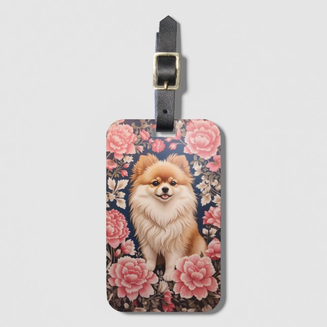 Cute Pomeranian Dog Pink Floral Luggage Tag (Front Vertical)