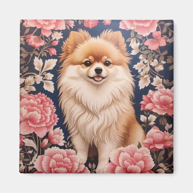 Cute Pomeranian Dog Pink Floral Magnet (Front)