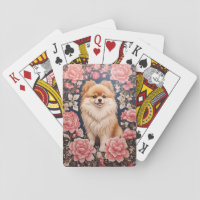 Cute Pomeranian Dog Pink Floral Playing Cards