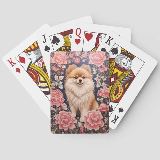 Cute Pomeranian Dog Pink Floral Poker Cards (Back)